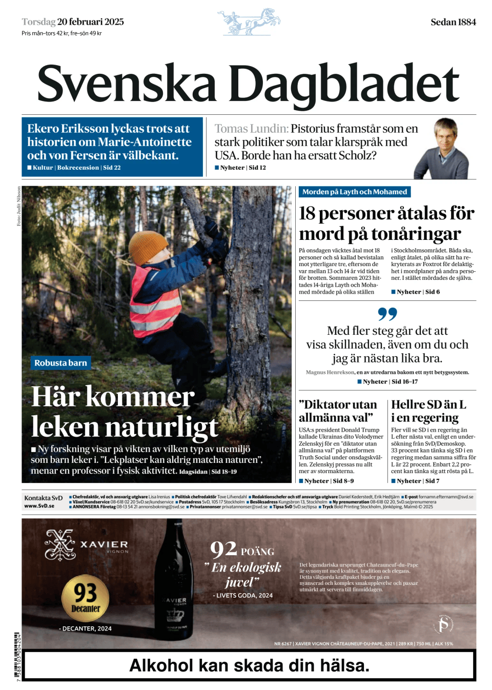 Prima-pagina-Svenska Dagbladet-edizione-di-oggi-20250220